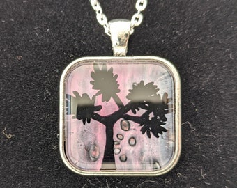 Joshua Tree Silhouette Dusk Pendant Necklace, Purple, Pink Acrylic, Silver