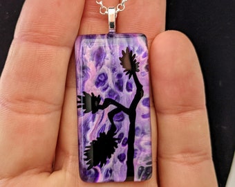 Joshua Tree Silhouette Psychedelic Pink and Purple Acrylic Swirl Pendant Necklace