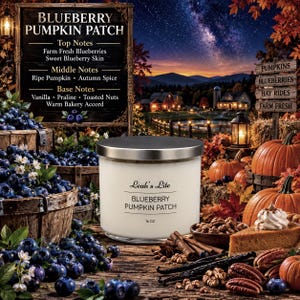 Może przedstawiać: Świeca Leah's Lite o pojemności 16 uncji w przezroczystym szklanym słoiku ze srebrną pokrywką, z etykietą Blueberry Pumpkin Patch. Etykieta wymienia nuty zapachowe, w tym świeże jagody, dojrzałą dynię, jesienne przyprawy, wanilię i orzechy.