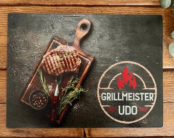 Glasschneidebrett | personalisiert | GRILLMEISTER mit Wunschname