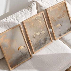 Set of 3 Beige & Gold Japanese Wall Art, Trio Minimalist Prints for Japandi Decor, Neutral Triptych for Wabi Sabi Style, 3 Piece Framed Set
