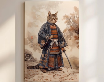 Japanese Cat Samurai Wall Art Canvas, Bold Warrior Cat in Traditional Armor, Feline Artwork, Print Gift for Cat Lovers and Japan Enthusiasts