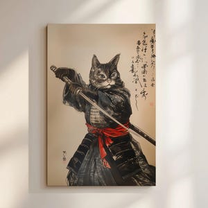 Samurai Cat Canvas Edo Period Style Wall Art, Japanese Ronin Warrior Decor, Ukiyo-e Style Zen Art Print, Oriental Feline Decor & Japan Gift