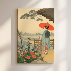 Tranquil Japanese Landscape Canvas, Geisha with Red Umbrella Wall Art, Ukiyo-e Woodblock Inspired Print, Zen Japandi Aesthetic Home Decor