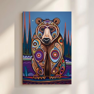 Canadian Aboriginal Artwork, Bear Canvas Print Inspired by Inuit & Metis Art, Colorful Animal Indigenous Art Canada for Home or Office Decor