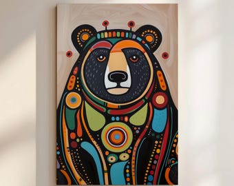 Aboriginal Art Style Print, Contemporary Bear Artwork Inspired by Native Canadian Painting, Large Inuit Animal Wall Canvas, Cultural Gift
