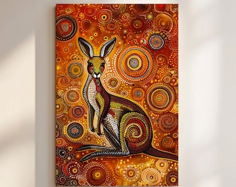 Aboriginal Kangaroo Wall Art, Colorful Indigenous-Inspired Print on Canvas, Dot Painting Style Artwork for Home Decor & Housewarming Gift