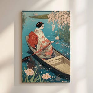 Japanese Woodblock Woman in Boat Art Print, Cherry Blossom Sakura River Scene, Ukiyo-e Inspired Canvas, Serene Japandi Zen Wall Art
