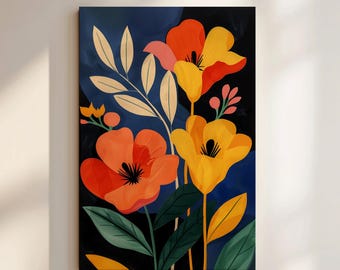 Dark Maximalist Floral Canvas: Red & Yellow Dopamine Botanical Wall Art