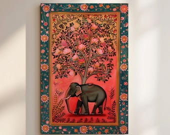 Pink Madhubani Elephant Wall Art – Indian Folk Style Canvas Print for Living Room or Bedroom