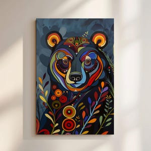 Indigenous Canadian Inspired Wall Art, Bear Aboriginal Style Artwork Canvas, Large Colorful Contemporary Print Canada for Living Room & Gift