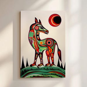Vibrant Animal Canvas in Canadian Aboriginal Art Style, Dopamine Print Inspired by Traditional Indigenous Metis and Inuit Native Artwork