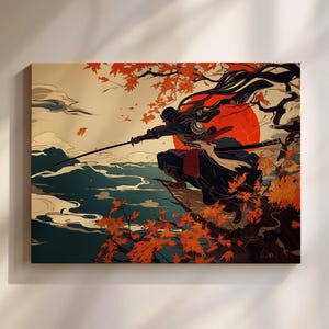 Japanese Samurai Canvas Wall Art – Ronin Warrior Ukiyo-e Inspired Print, Katana Sunset Scene, Zen Bushido Decor, Japan Horizontal Artwork