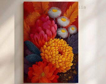 Statement Wall Art Large Canvas with Bold Abstract Floral Dot Painting Style Print