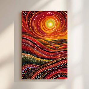 Affordable Aboriginal Style Art Piece Extra Large Canvas, Sunset Meadow Artwork for Bright Home Decor, Indigenous Australian Inspired Gift