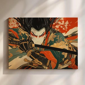 Japanese Samurai Canvas Wall Art – Fierce Ronin Warrior Ukiyo-e Inspired Print, Kabuki Style Katana Battle Scene, Red and Black Combat Decor