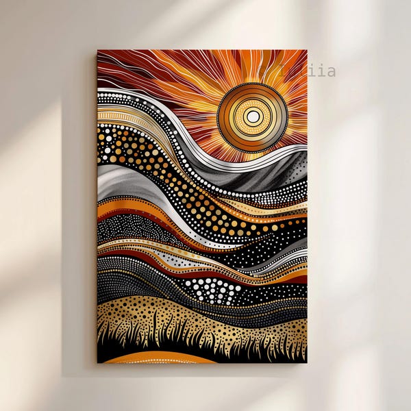 Affordable Aboriginal Nature Canvas Wall Art: Abstract Sunset Dot Painting Style Print Gold Accents, Indigenous Inspired Home Decor & Gift