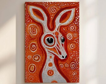 Funny Kangaroo Aboriginal Dot Art Style Print, Warm Earth Tones Canvas, Quirky Australian Animal Artwork for Wall Decor and Cute Aussie Gift