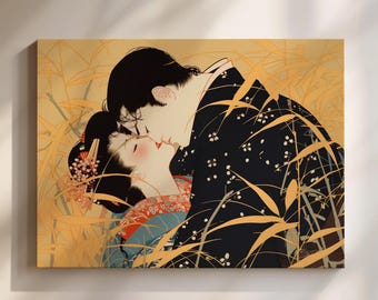 Edo Period Shunga Canvas: Japanese Lovers in Bamboo, Ukiyo-e Style Art