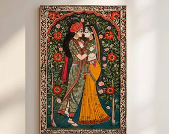 Radha Krishna Wall Art on Canvas, Vibrant Madhubani Painting Style Print for Home Decor, Thoughtful Hindu Gift for Weddings or Festivals