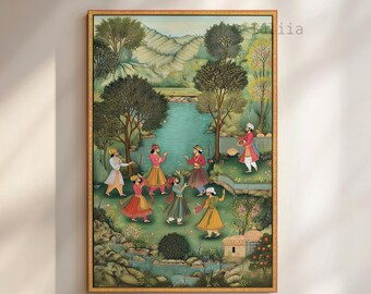 May include: A framed painting depicting a vibrant scene of figures dancing near a body of water. The artwork features a gold frame and a detailed landscape with trees, mountains, and a small building. The figures are dressed in colorful attire.