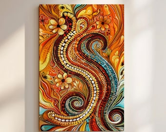 Aboriginal Dot Art Style Canvas, Abstract Flower Artwork, Australian Indigenous Wall Decor