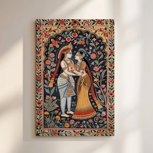 Radha Krishna canvas art with colorful floral border and detailed Madhubani inspired Indian folk design
