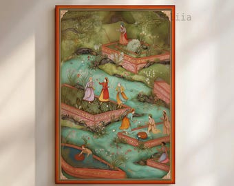 May include: An ornate framed painting depicting a garden scene with figures in colorful attire. The artwork features a turquoise pond, terraced walkways, and lush greenery, with figures engaged in various activities.