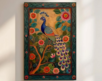 Peacock and Flowers Wall Art Canvas, Colorful Pichwai-Inspired Artwork for Bright Indian Folk Decor, Perfect Housewarming and Wedding Gift