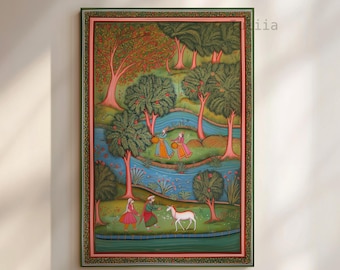 May include: An ornate framed painting depicting a serene landscape with figures in colorful attire. The artwork features a river, trees, and a white animal, all within a detailed, decorative border. The color palette includes greens, blues, and reds.