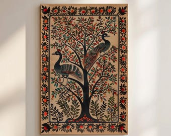 Beige & Black Indian Peacocks on Tree Print on Canvas, Traditional Madhubani Artwork for Exquisite Wall Decor, Perfect Gift for Art Lovers