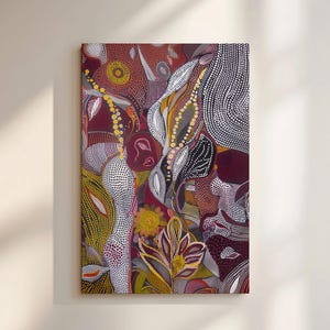 Contemporary Dot Painting Inspired Canvas, Feminine Australian Aboriginal Style Print Artwork, Dopamine Wall Art Gift for Home and Office
