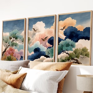 Japanese Cloud Wall Art Set of 3 – Crane and Pine Tree Triptych, Dreamy Sky Print, Asian Nature Bird Wall Decor for Bedroom or Living Room