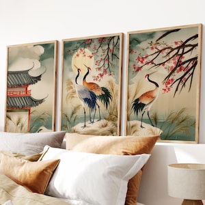 Set of 3 Winter Crane Prints – Japanese Red Crowned Cranes Triptych, Temple and Blossoms Minimalist Asian Wall Art for Peaceful Interiors
