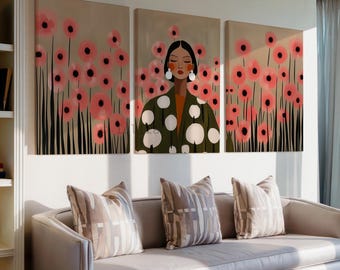 Gran cuadro decorativo de pared, lienzo de tres paneles, retrato floral para paredes vacías.