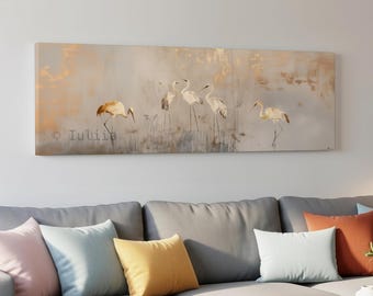 Panoramic Japanese Crane Wall Art, Beige & Gold Horizontal Long Narrow Canvas, Large Wide Minimalist Wall Decor, Asian Bird Nature Artwork