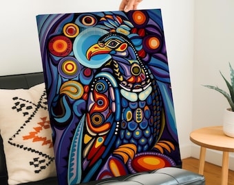 Eagle Canvas Wall Art, Dark Blue Symbolic Bird, Canadian Indigenous Inspired Decor