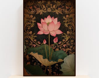Exquisite Black and Gold Indian Art, Pink Lotus Print with Floral Mughal Motifs, Timeless Indian Art Decor, Madhubani And Pichwai Wall Art