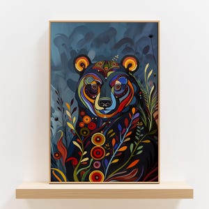 Canadian Animal Aboriginal Artwork, Colorful Inuit Inspired Bear Poster, Traditional Aboriginal Canada Style Wall Art Print, Home Decor Gift