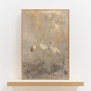 Japanese Crane Wall Art, Beige & Gold Birds Japanese Art Print, Japandi Wabi Sabi Decor, Unique Housewarming Gift, Elegant Wedding Gift Idea