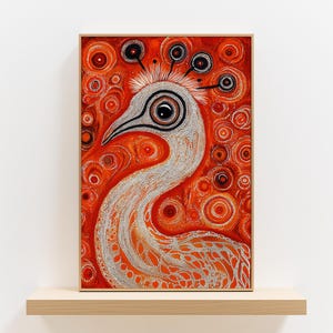 Australian Emu Poster Wall Art, Quirky Aboriginal Dot Painting Style Print in Bold Orange, Perfect for Boho, Rustic or Cultural Home Decor