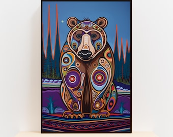Canadian Aboriginal Bear Print – Contemporary Indigenous Style Woodland Wall Art – Bold Native Wildlife Poster