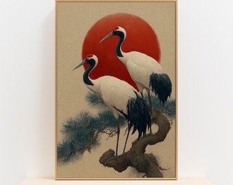 Red-Crowned Cranes with Sun Wall Art, Japanese & Chinese Print, Elegant Minimalist Oriental Home Wall Decor, Housewarming and Wedding Gift