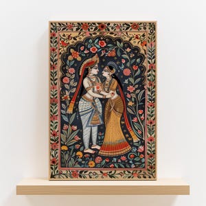 Indian Madhubani Painting Style Poster Artwork of Radha Krishna, Stunning Folk Art Print for Spiritual Wall Decor, Unique Gift for Art Lover