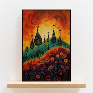 Sunset Meadow Indigenous Style Wall Art, Colorful Canadian Aboriginal Print for Unique Home Decor, Housewarming Gift Inspired by Inuit Art