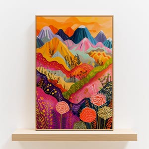 Trendy Vibrant Dopamine Print, Abstract Mountain Meadow Maximalist Wall Art, Colorful Quirky Decor Inspired Patchwork Art for Bright Home