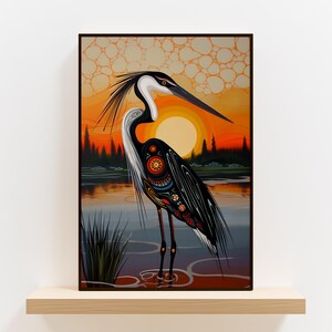 Colorful Heron Print Inspired by Indigenous Canadian Aboriginal Art, Maximalist Bold Bird Home Decor, Contemporary Dopamine Wall Art Gift