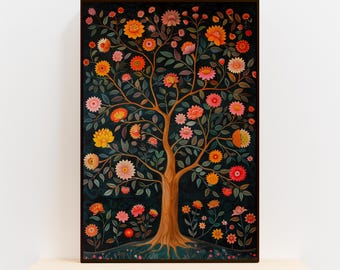 Tree of Life Contemporary Indian Floral Art, Unique Wall Decor Inspired by Folk Traditions, Modern Madhubani and Mughal Motif Style Print
