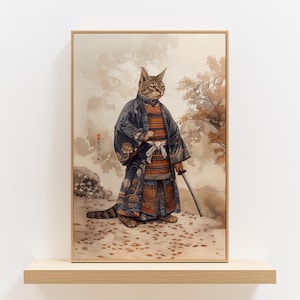 Samurai Cat Art Print – Japanese Warrior Cat in Armor, Ukiyo-e Style Wall Art, Unique Cat Lover Gift, Edo Period-Inspired Home Decor