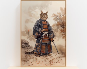 Samurai Cat Art Print – Japanese Warrior Cat in Armor, Ukiyo-e Style Wall Art, Unique Cat Lover Gift, Edo Period-Inspired Home Decor